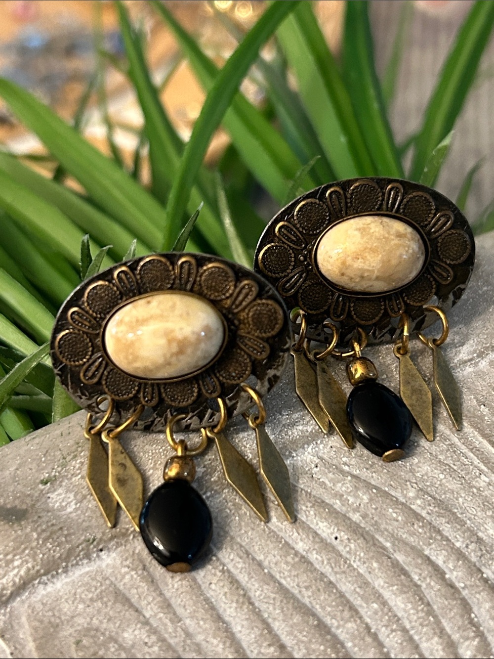 metal clip-back Earrings with Cream Stone, Black Beads gold-tone
